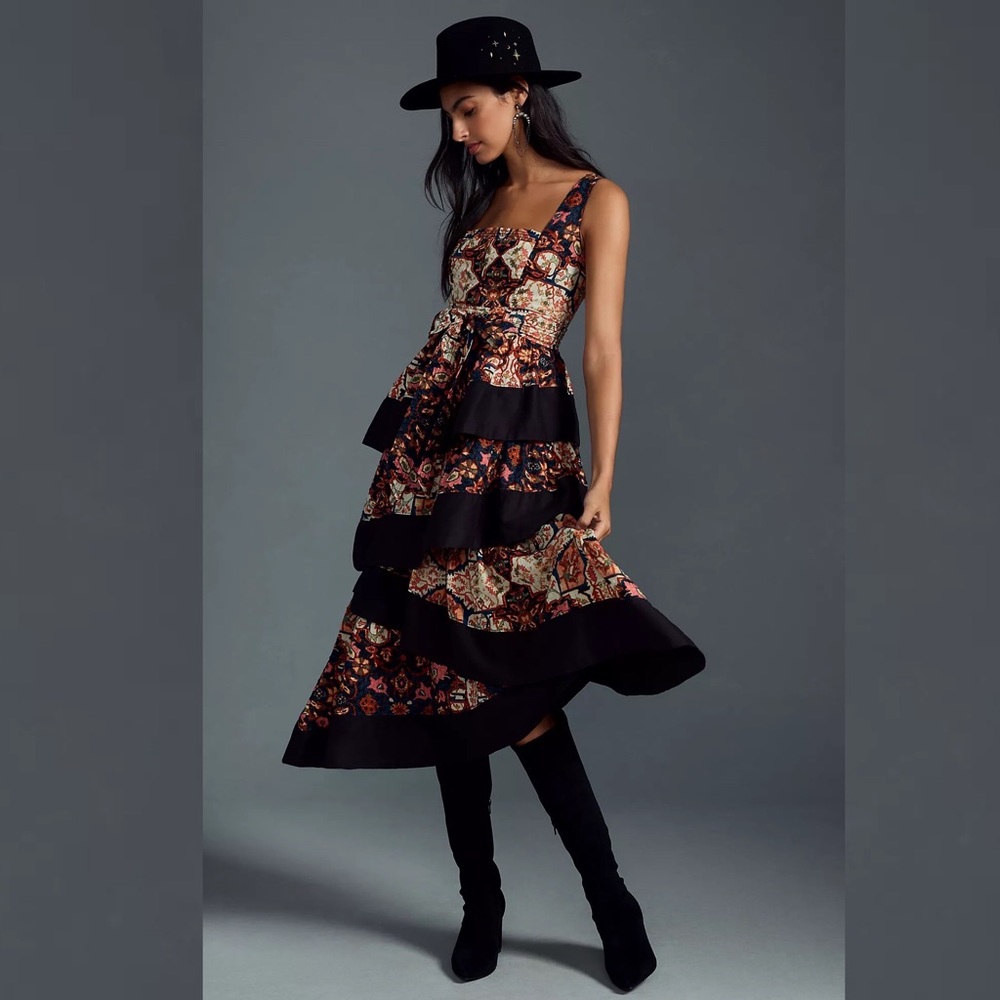 Anthropologie Square-Neck Tiered Midi Dress